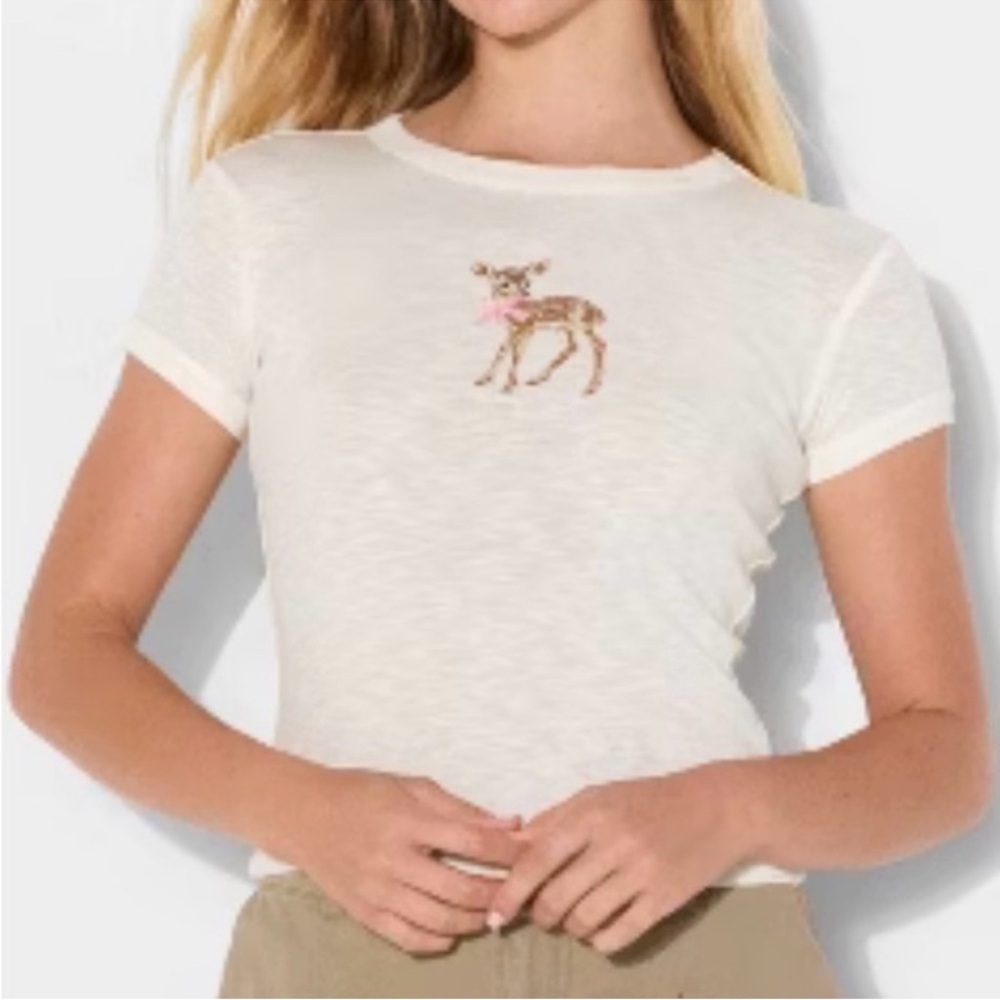 Wild Fable Big Girl Women’s Cream Short Sleeve T Shirt Crop Top Deer XS & M